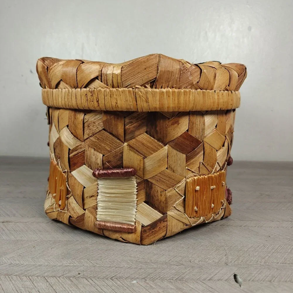 Vintage Handwoven Wicker Sewing Basket With Lid & Decorative Accents
